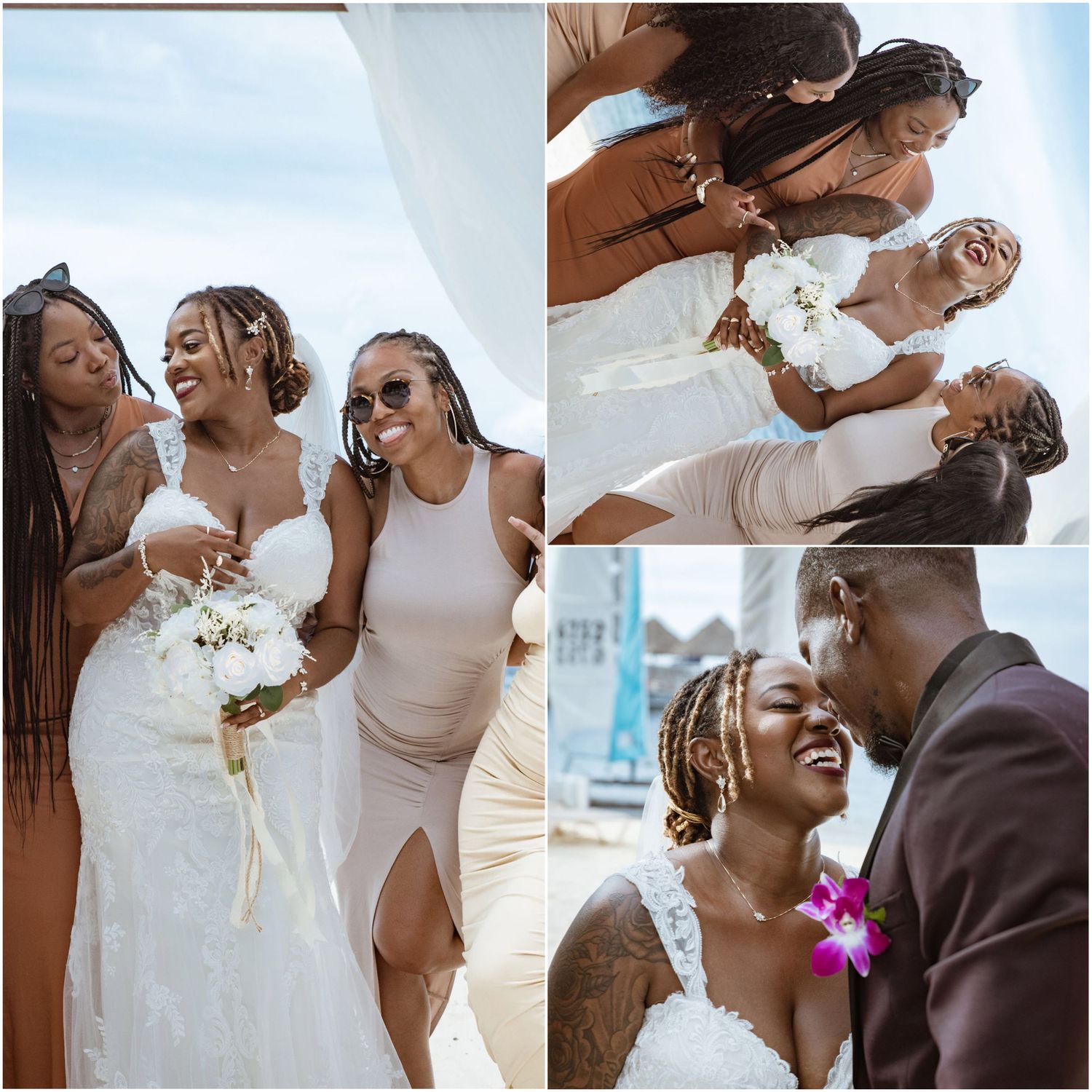 A joyful collage of wedding moments showing a bride with loved ones celebrating and sharing intimate moments together.
