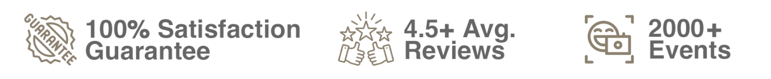 Four business icons showing satisfaction guarantee, reviews, events count and other service features.