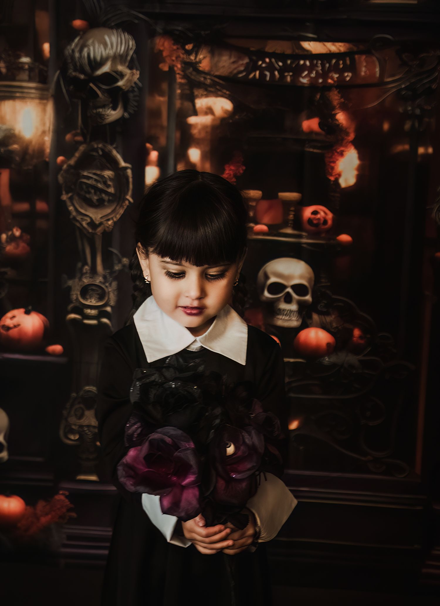 Moody Halloween portrait setup with skulls, pumpkins and purple roses in dark vintage styling.