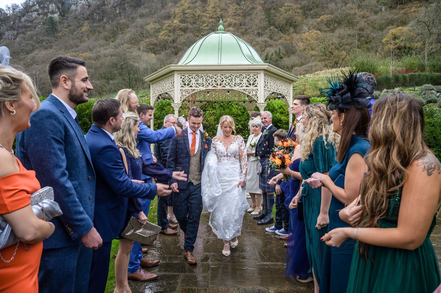Confetti exit at Lodore Falls winter wedding