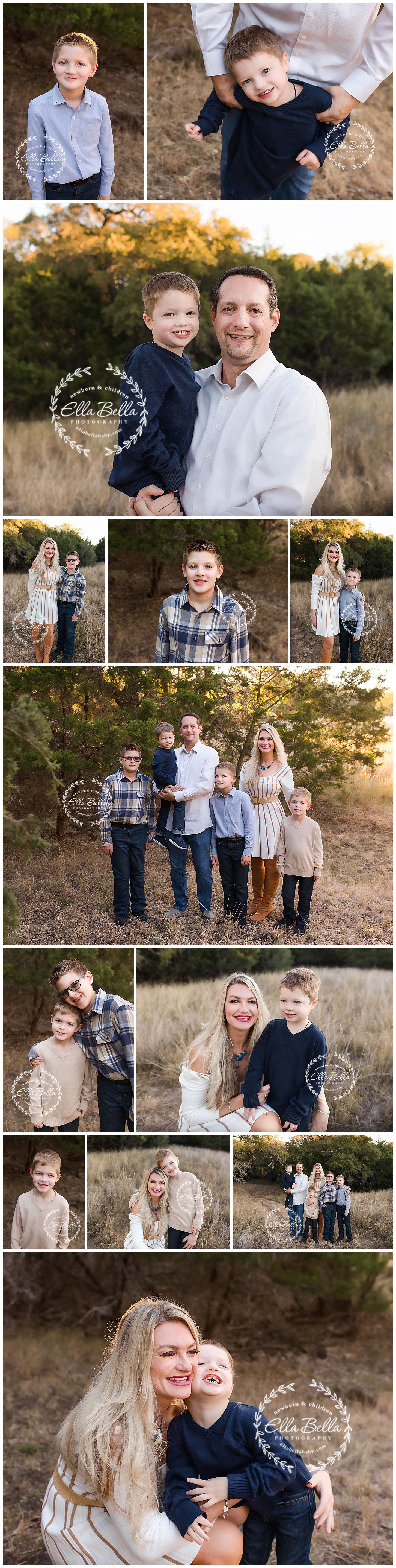 Family photography session in a rustic outdoor setting during golden hour with natural poses.