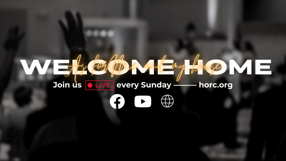 Welcome home church service announcement with social media icons on dark background.