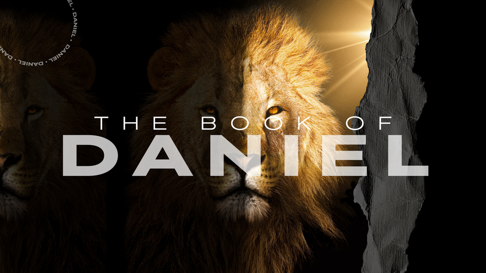 Artistic biblical title design for 'The Book of Daniel' with dark atmospheric background.