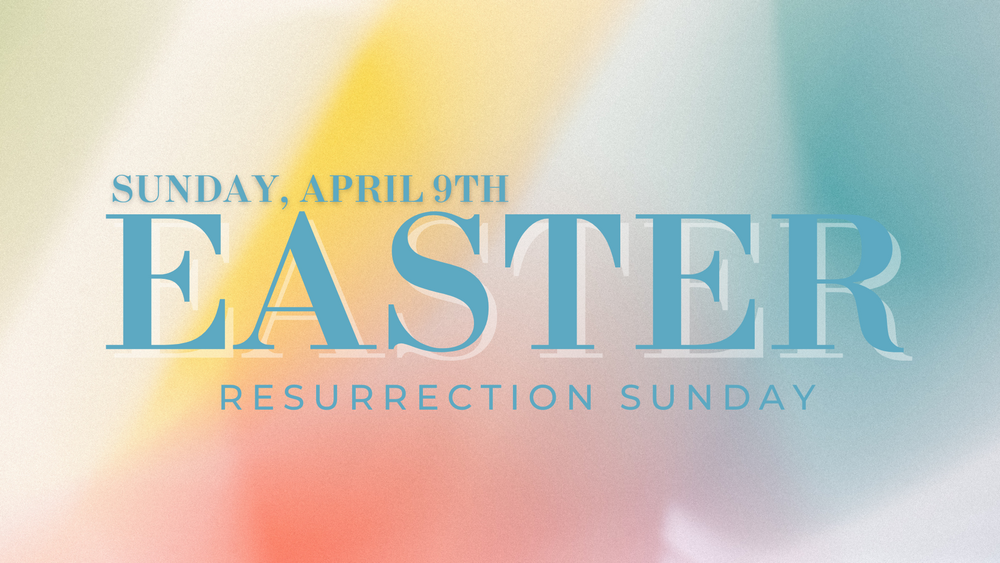 Easter Sunday announcement graphic with soft pastel gradient background.