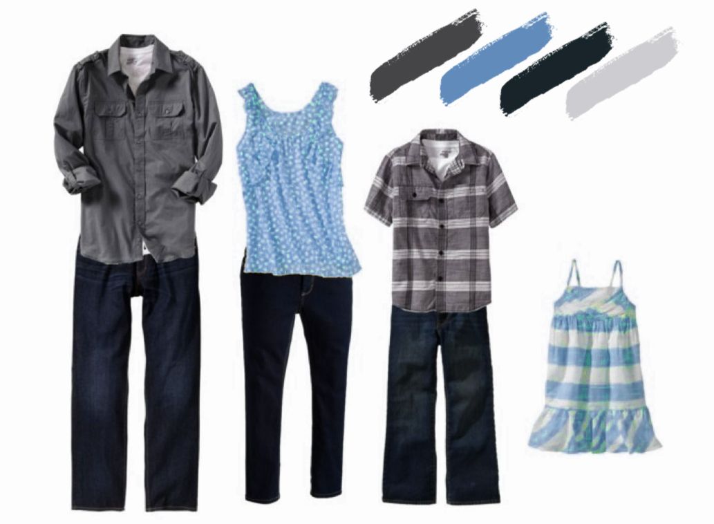 Casual family clothing layout with denim, plaid shirts, blue tank tops and children's dresses.