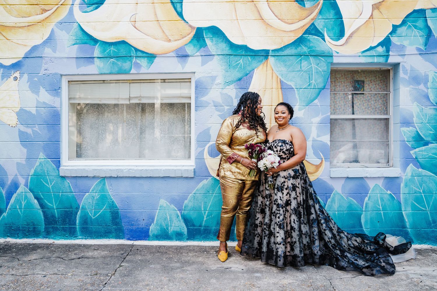 black gown, Uptown, New Orleans, intimate ceremony, elopement, bridals, gold suit, couples portraits, graffiti