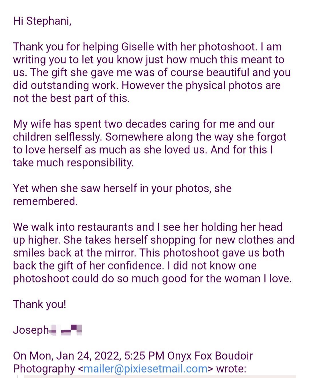 Heartfelt testimonial letter thanking photographer for transformative boudoir photoshoot experience.