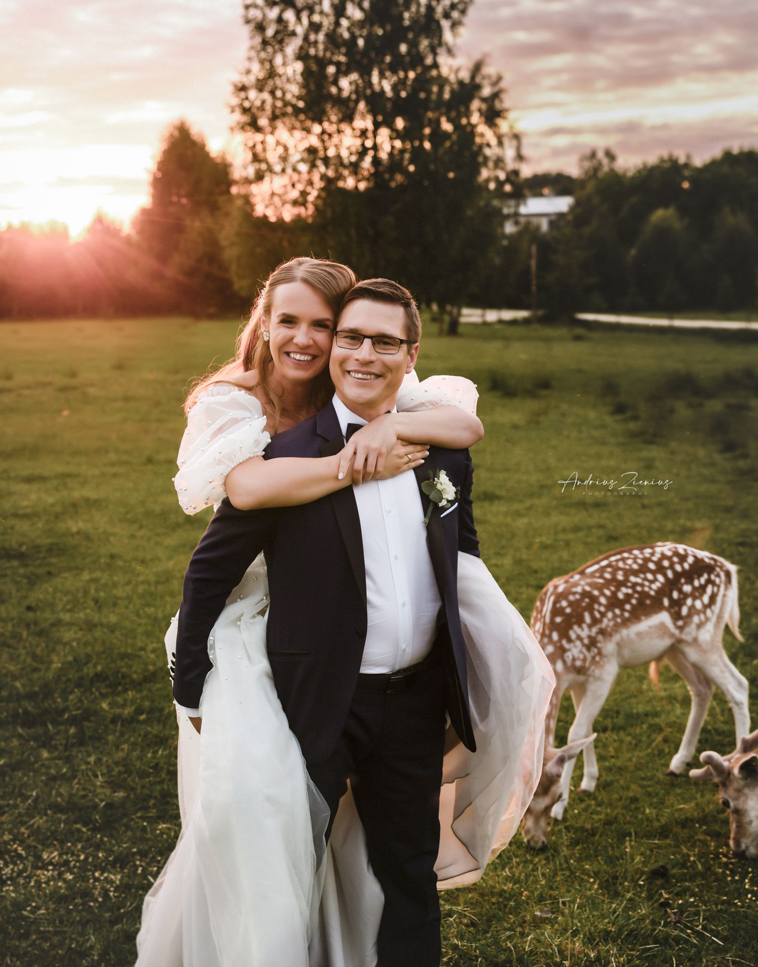 Wedding couple embracing in sunset field with deer grazing in background.