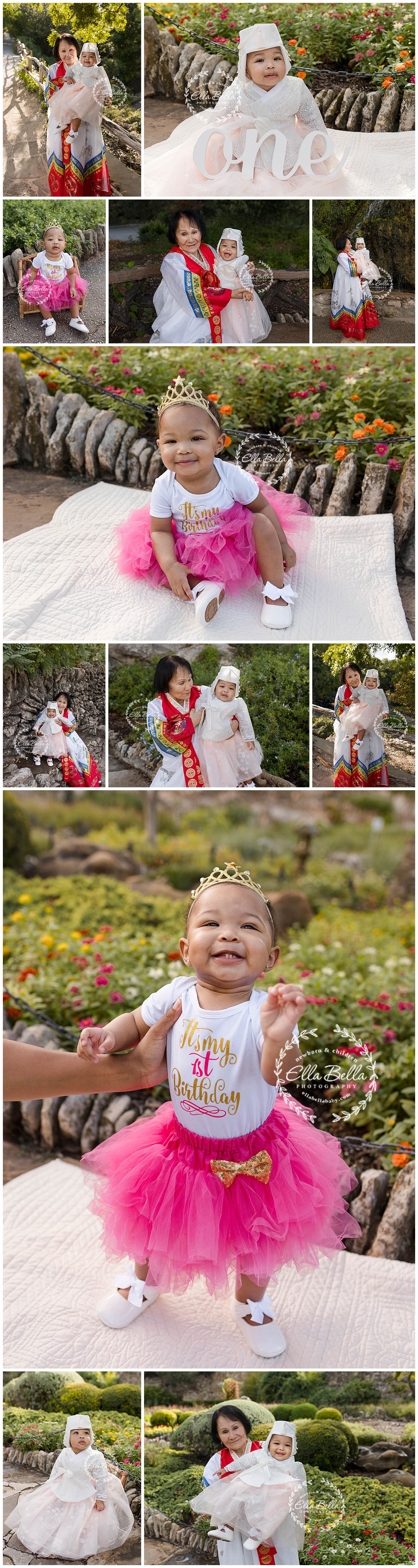 First birthday photo session featuring baby in princess outfit with outdoor garden backdrop.