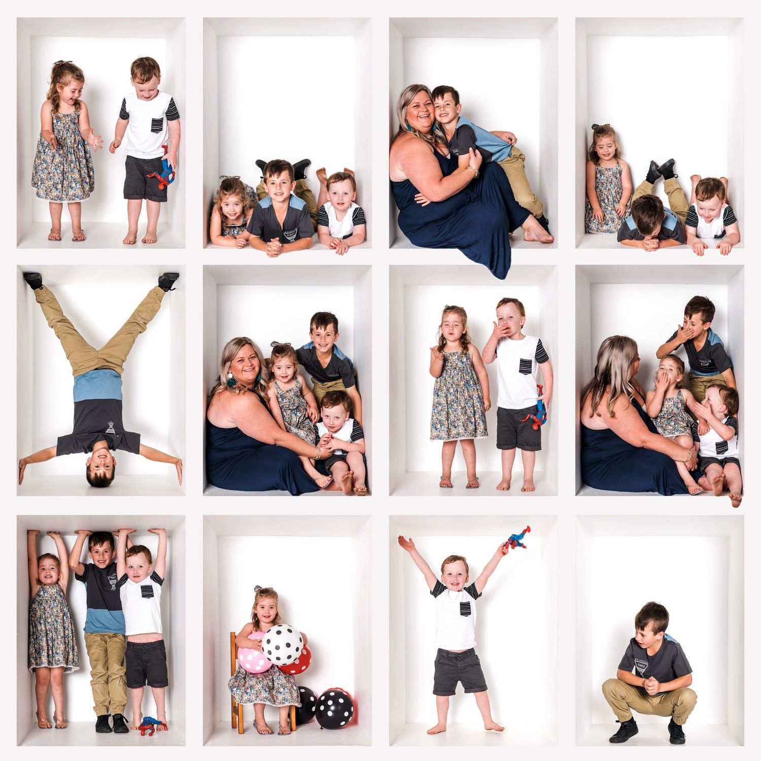 Fun family photo session with playful poses against white background.