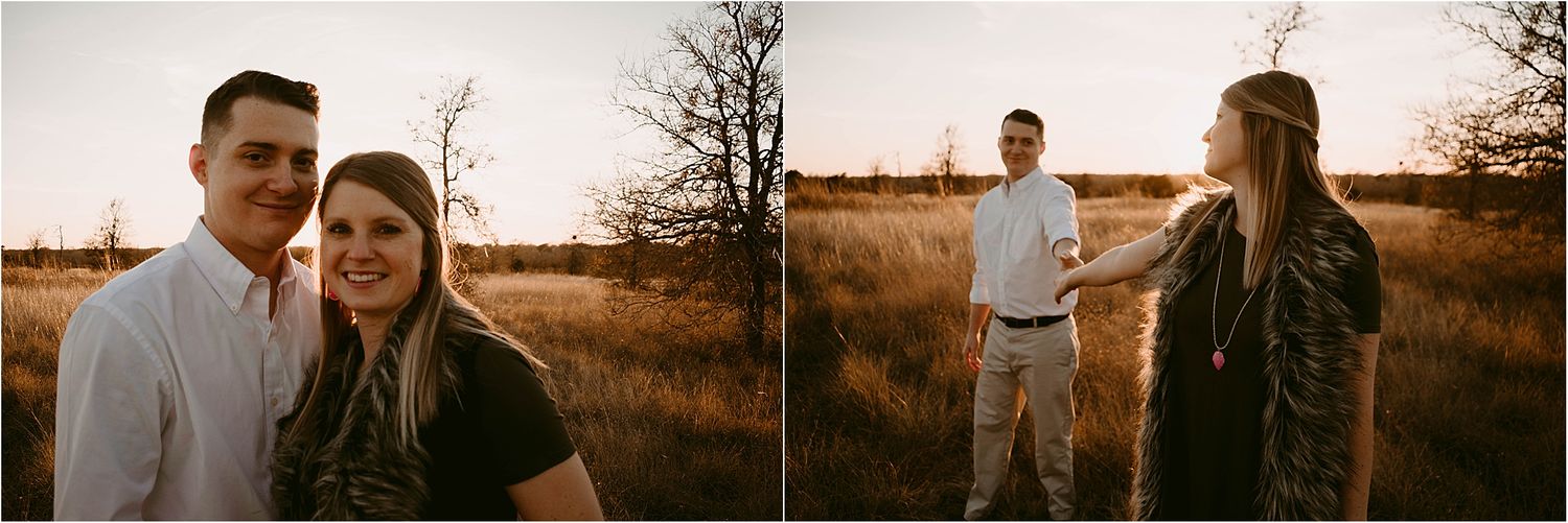 Two images of a couple posing in a field with golden sunlight and bare trees.