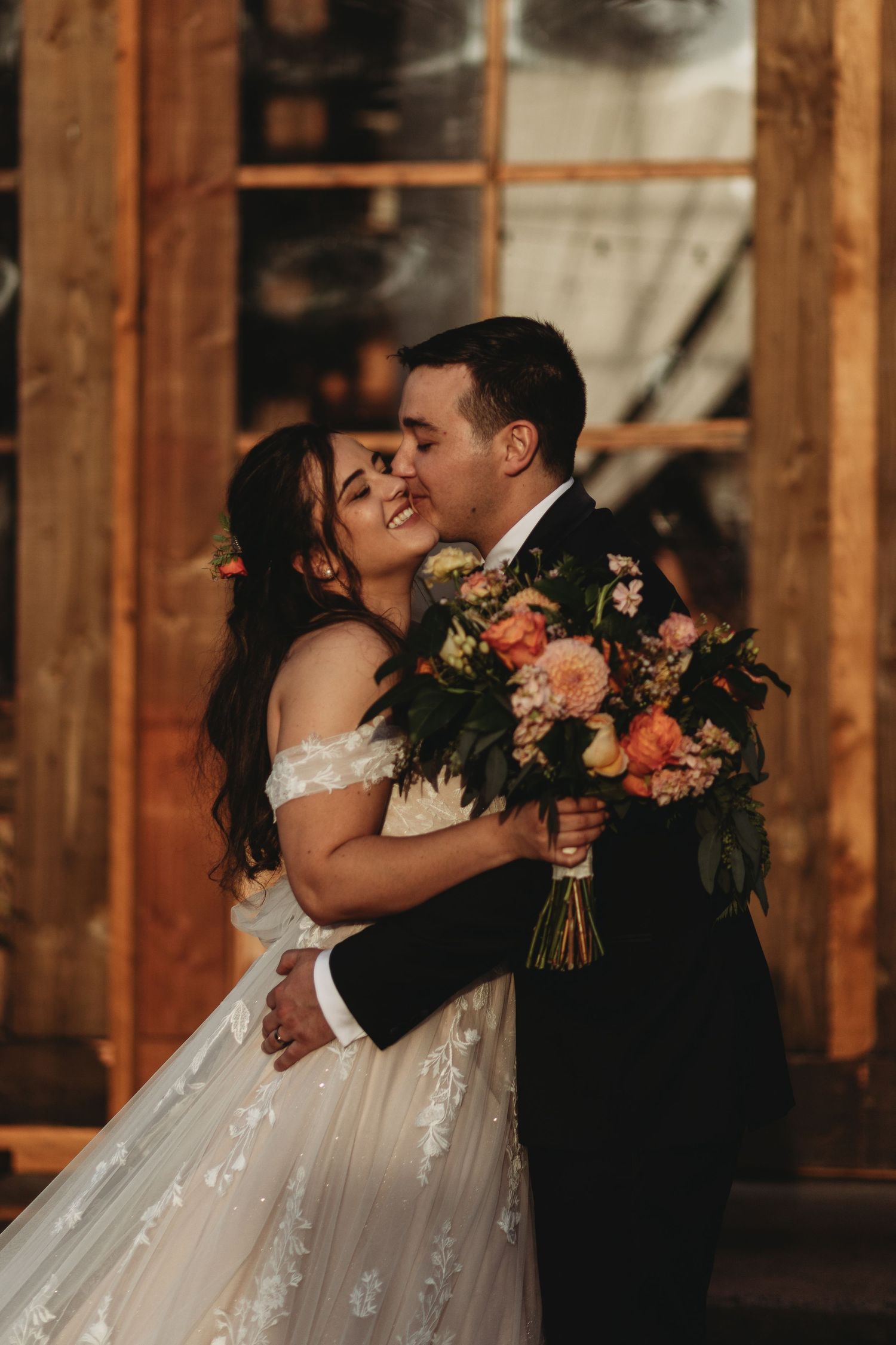 Bride and groom romantic portrait during golden hour at le Pont couvert wedding venue