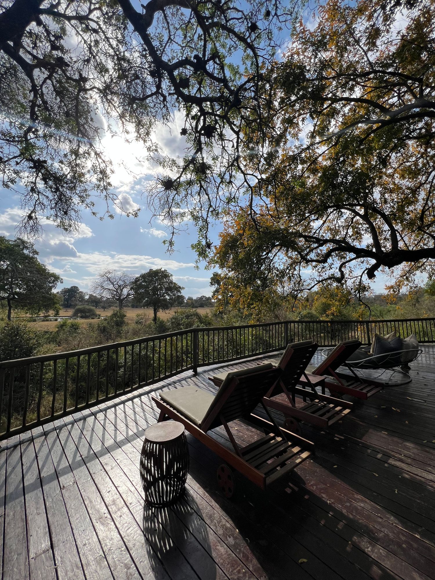 Wooden deck with loungers overlooking expansive African savanna landscape under dramatic sky.