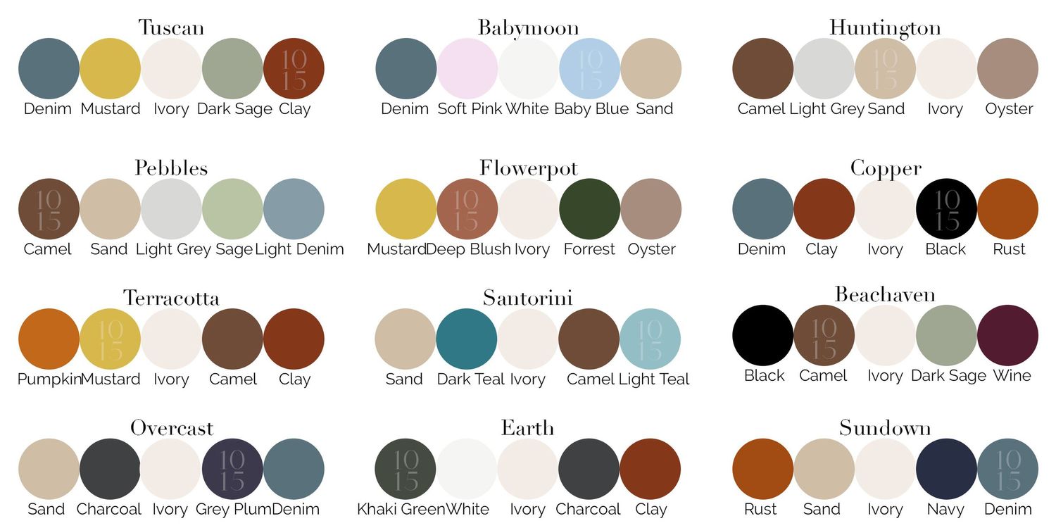 Color palette chart showing various combinations of muted earth tones and complementary colors.