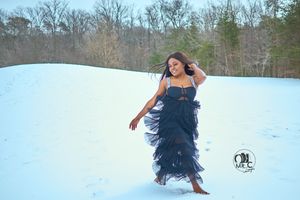 A dramatic navy blue tiered gown is showcased against a snowy winter landscape with bare trees in the background.