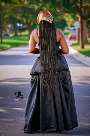Back view of a dramatic black ball gown photographed outdoors on a tree-lined street.