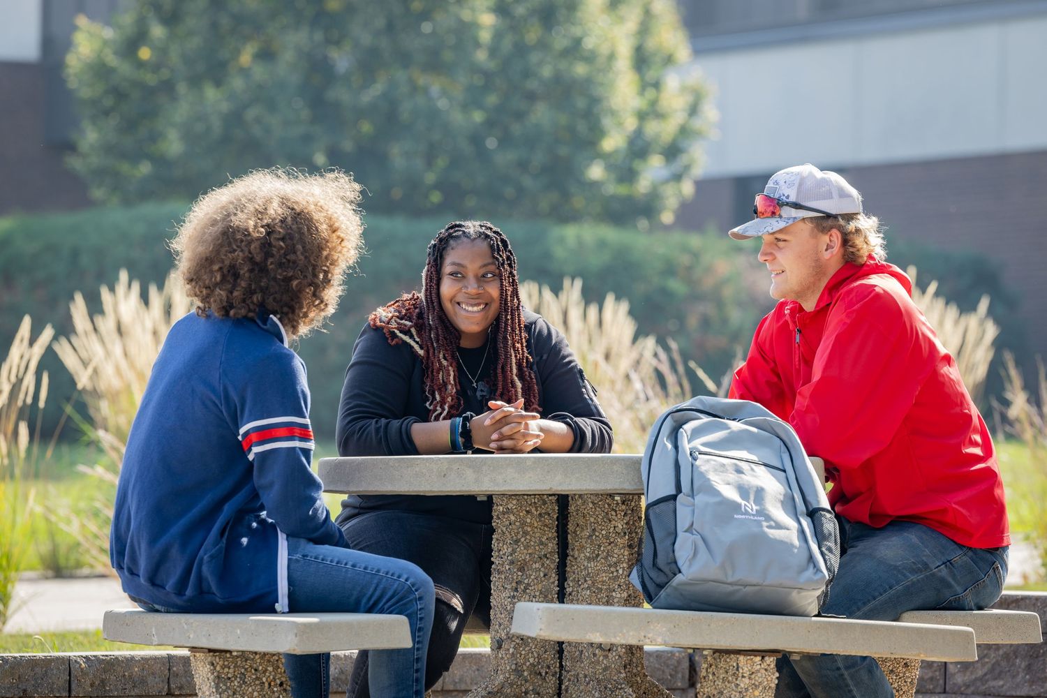 Students engaged in conversation while sitting at a stone bench surrounded by landscaping.