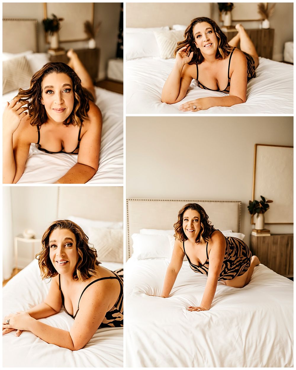 brunette plays with hair as she lays on bed by San Diego Photographer