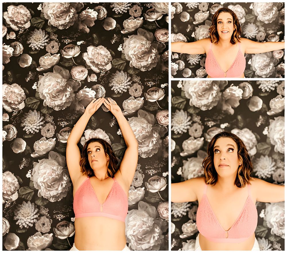 lady leans against floral wall paper by Danielle Miranda Photography