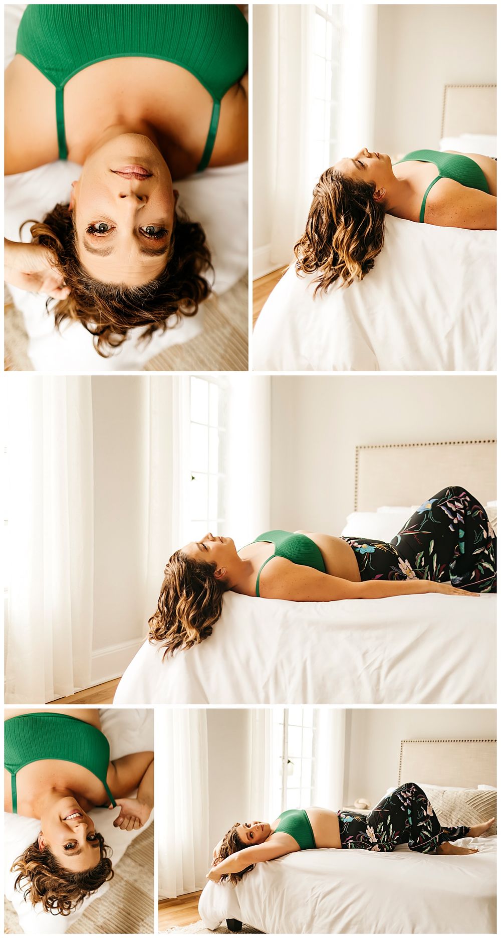 brunette lays with head hanging off bed in green bra by San Diego Photographer