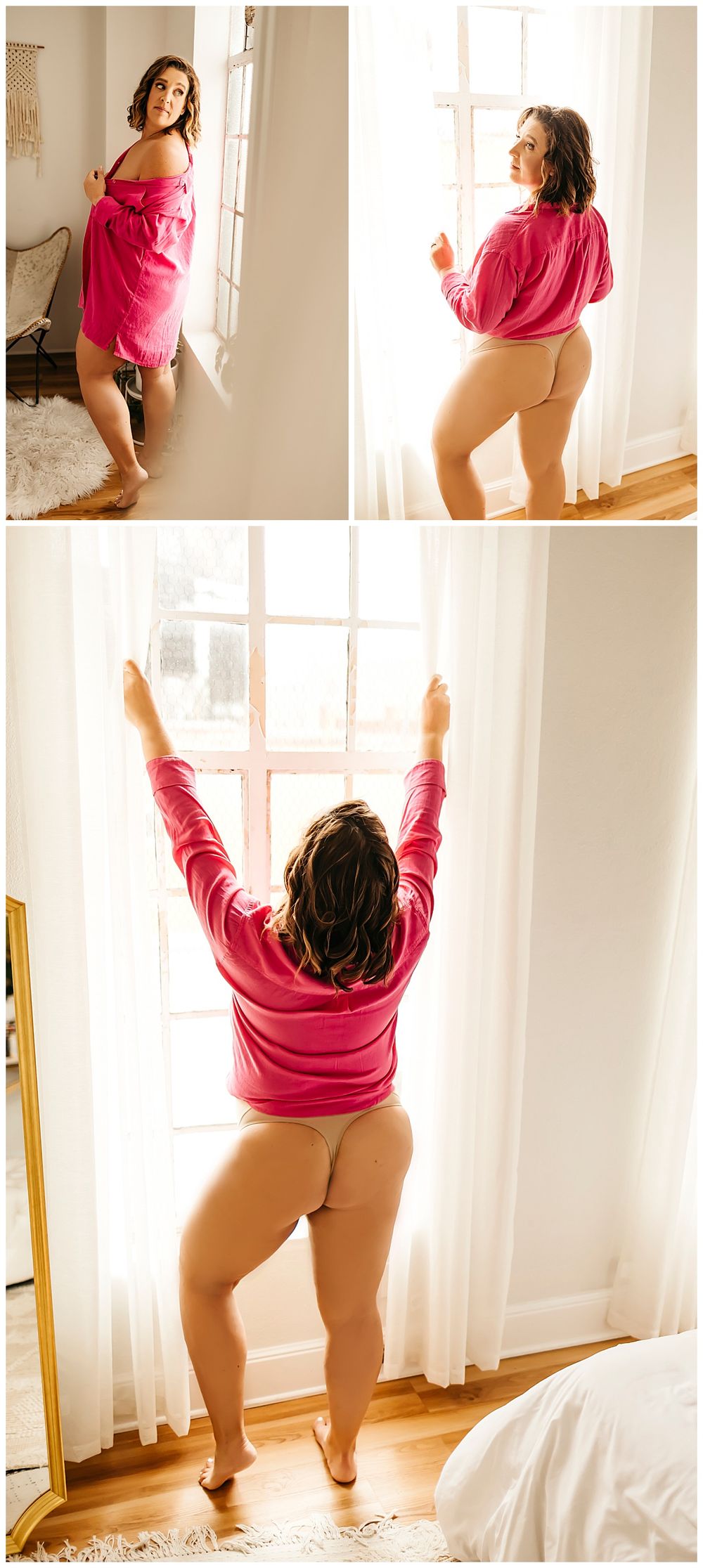woman wearing just oversized shirt reaches up to close curtains at curvy boudoir session