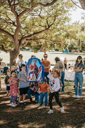 Festive outdoor gathering with families watching children play with pinatas.