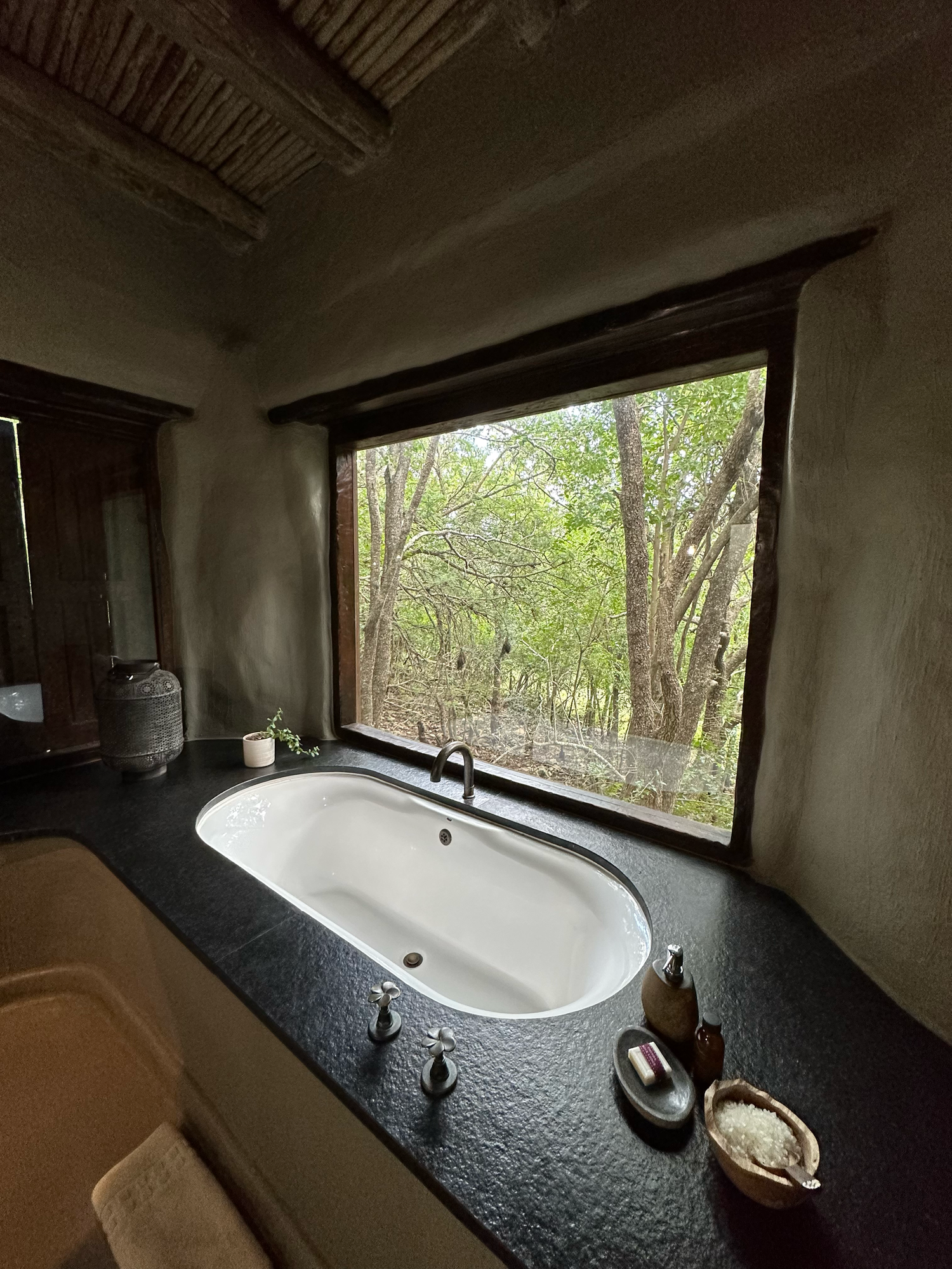 Freestanding white bathtub with black stone surround offering forest views through large windows.