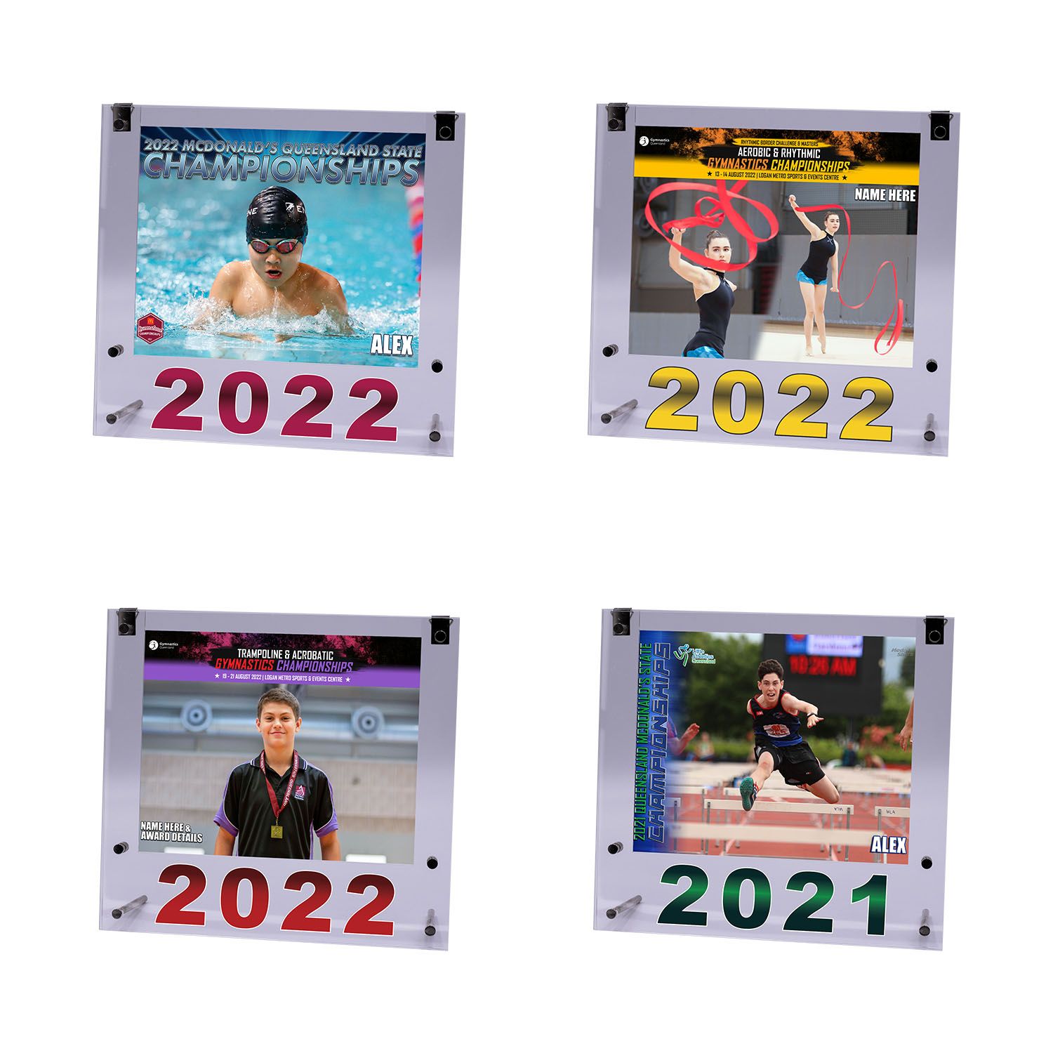 Collection of four framed swimming and sports competition photographs from 2021-2022.