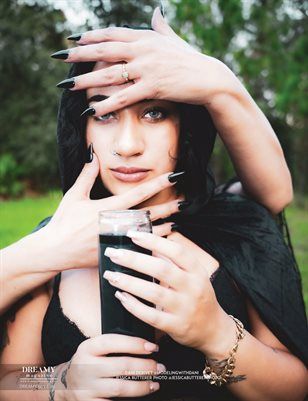 Creative portrait series with hands covering face against green outdoor background.