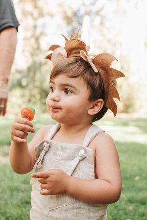 Small child in beige overalls wearing brown lion headpiece at outdoor party.