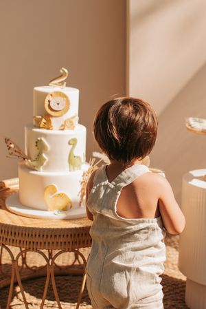 A toddler in overalls looking at a white and gold dinosaur-themed birthday cake.