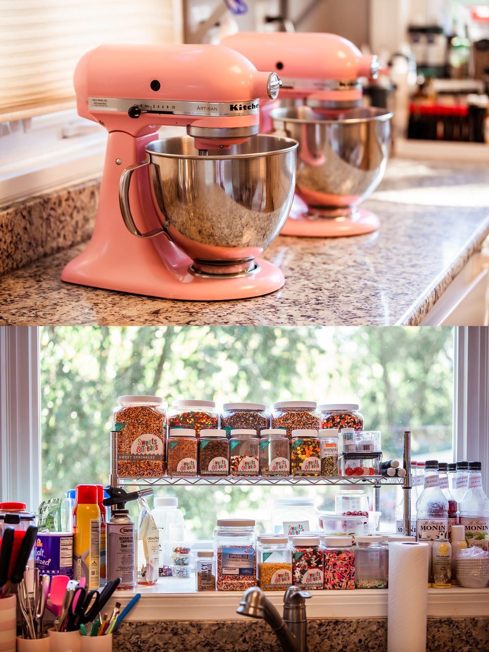 Pink KitchenAid mixers on counter with organized baking ingredients displayed below.