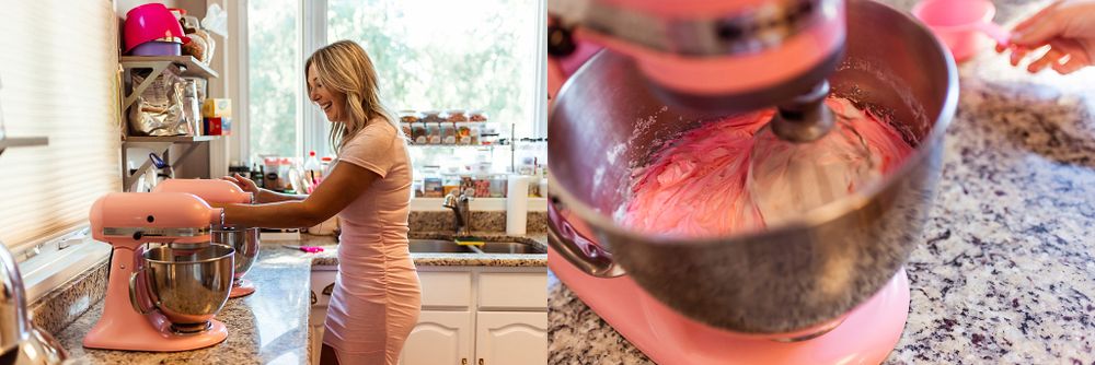 Baking preparation with pink stand mixer and kitchen equipment setup.