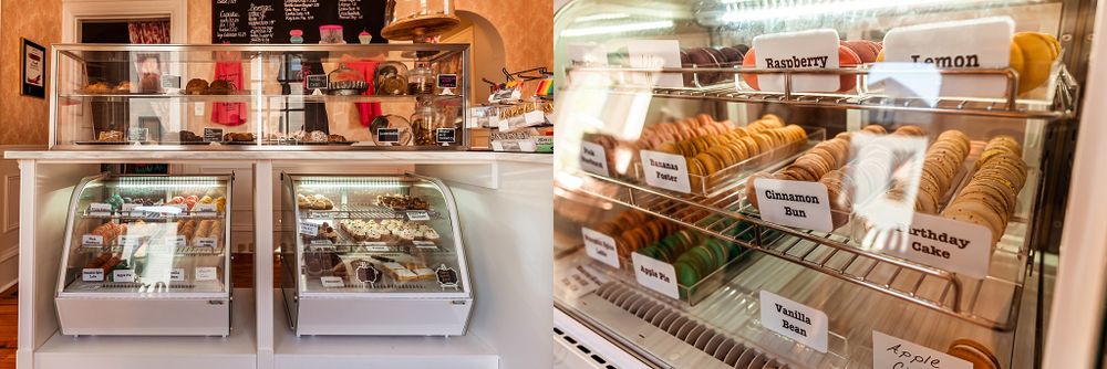 Display case with pastries and baked goods in a cozy bakery counter setting.