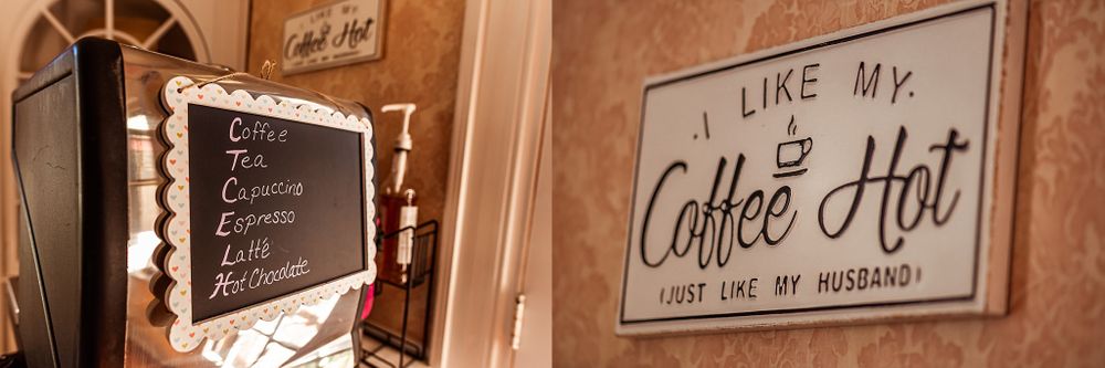 Rustic coffee-themed wall signs with chalkboard menu and 'Like My Coffee Hot' text in a cafe setting.