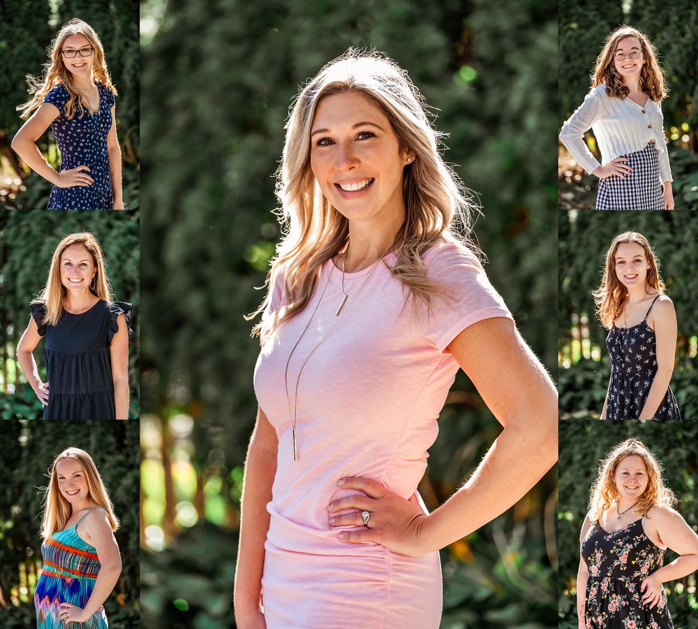 Lifestyle portrait collage showing multiple poses outdoors in summer attire.