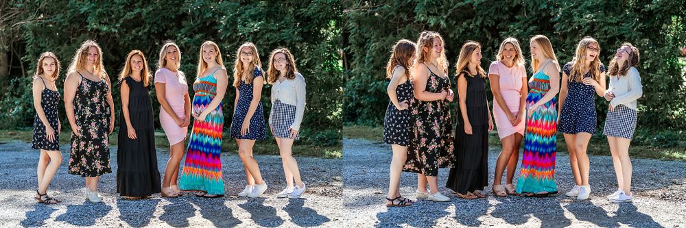 Two similar group shots of friends in colorful dresses standing together outside.