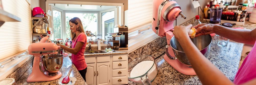 Series of photos showing baking preparation in a home kitchen with pink appliances.