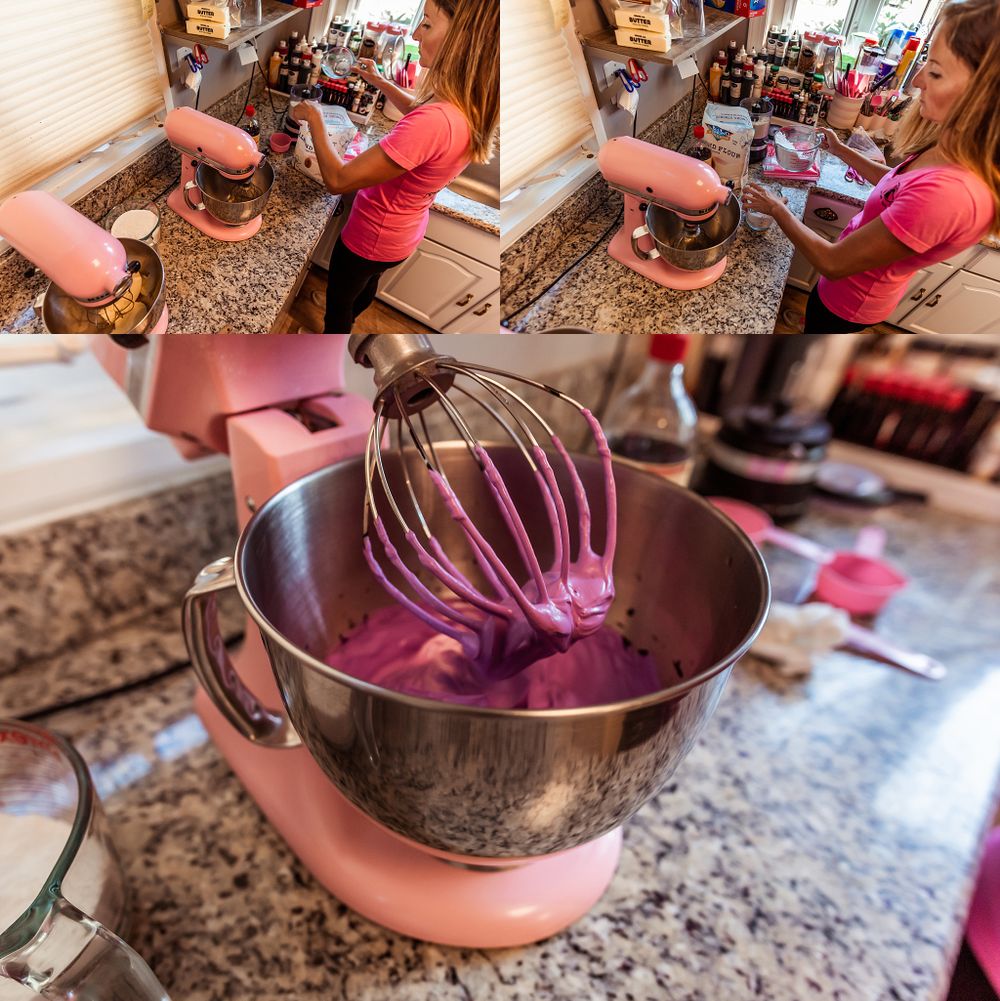 Multiple views of purple batter being mixed in a pink stand mixer.