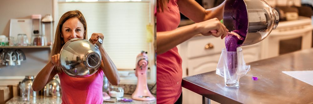 Collage of someone mixing ingredients with a pink stand mixer in a kitchen.