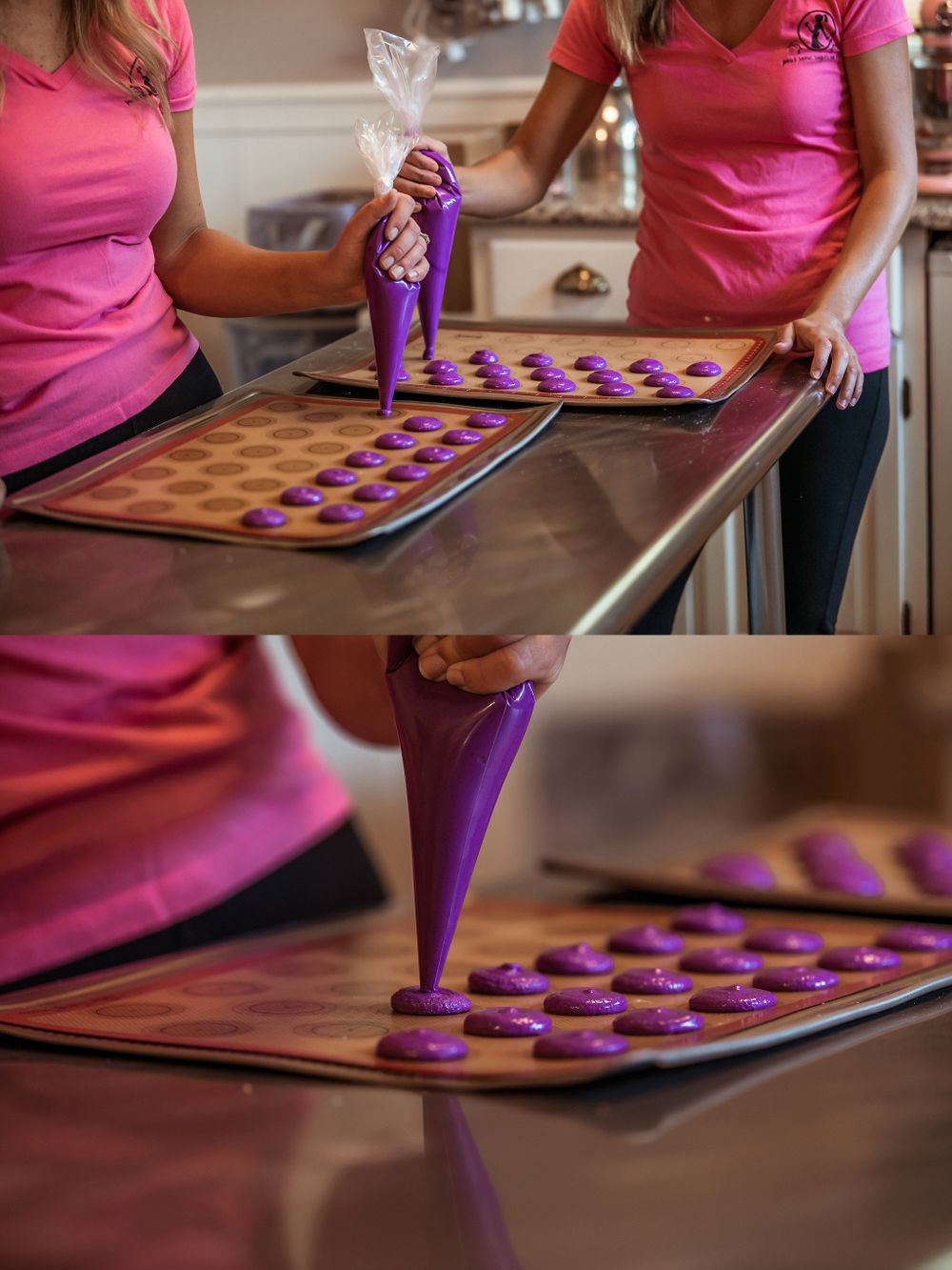 Piping purple frosting or batter onto baking sheets with uniform circular patterns.