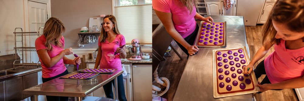 Multiple views of bakers preparing desserts on metal baking sheets in a home kitchen.