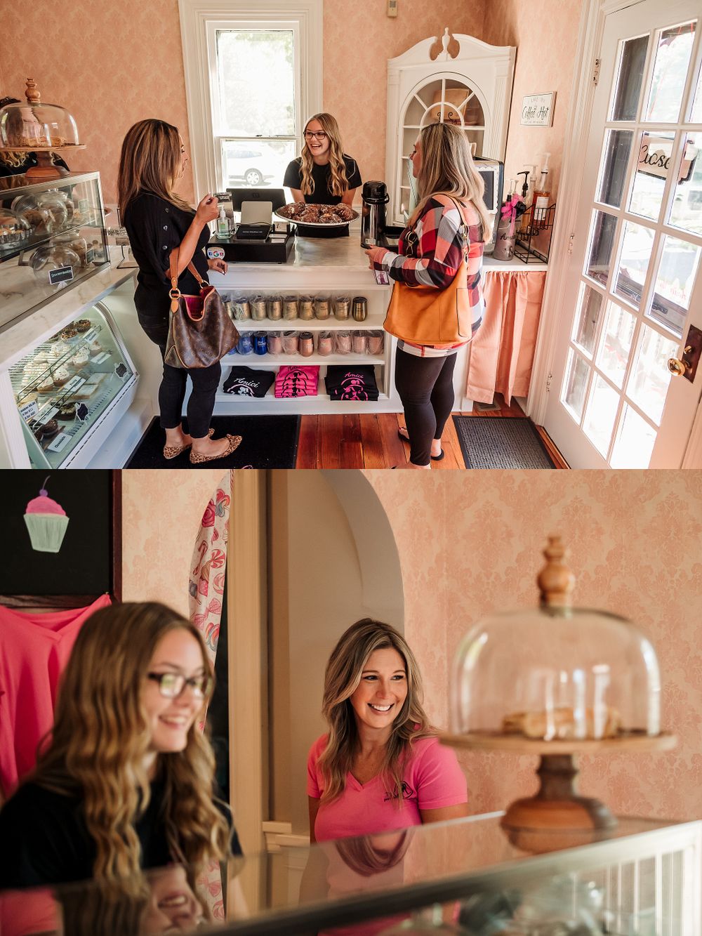 Three staff members gather around a display counter in a charming pink-walled bakery shop.
