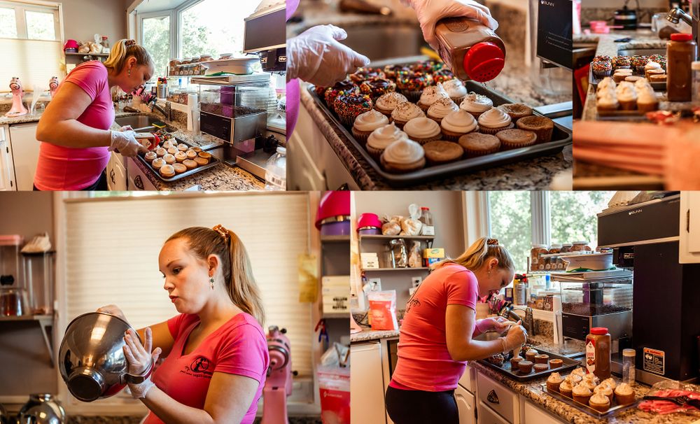 Multiple photos showing baking process and fresh pastries being prepared in a small kitchen.