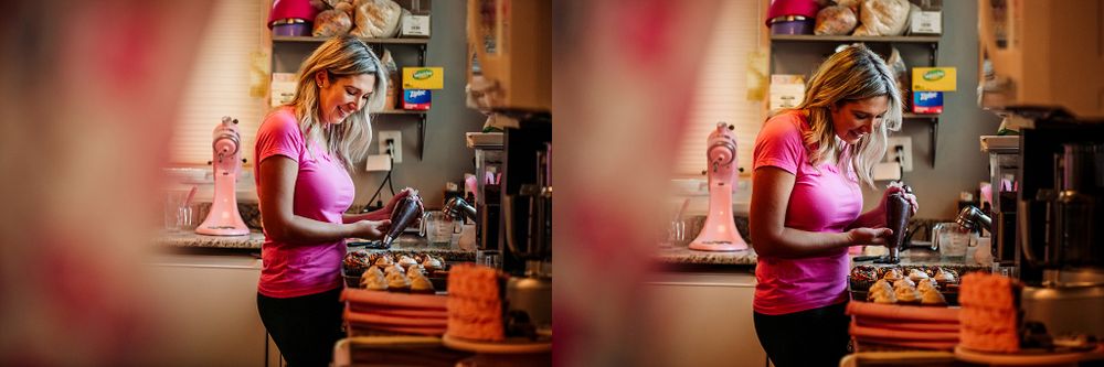 Baker in pink shirt working at a commercial kitchen counter with baking equipment.