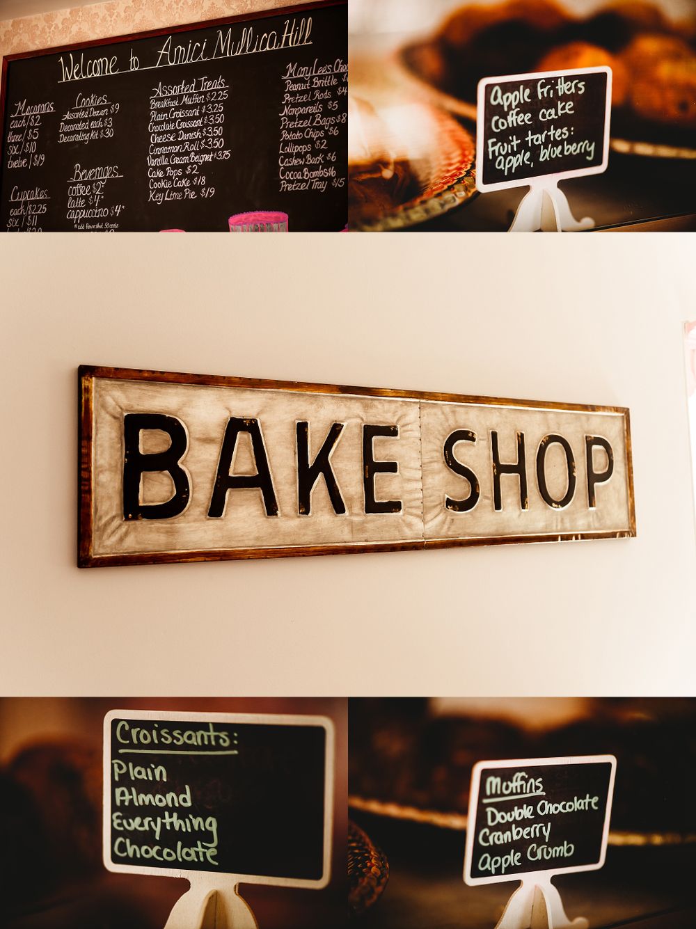Vintage bakeshop signage and menu boards displaying pastry options and prices.