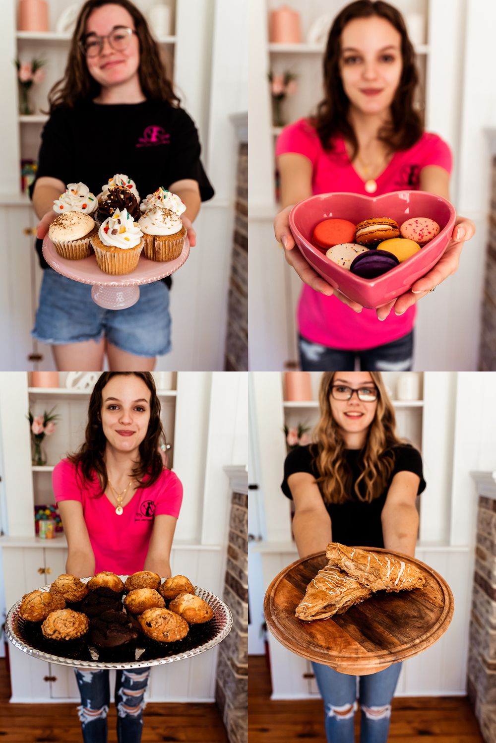 Collection of baked goods including cupcakes, cookies, and pastries presented on various serving plates.