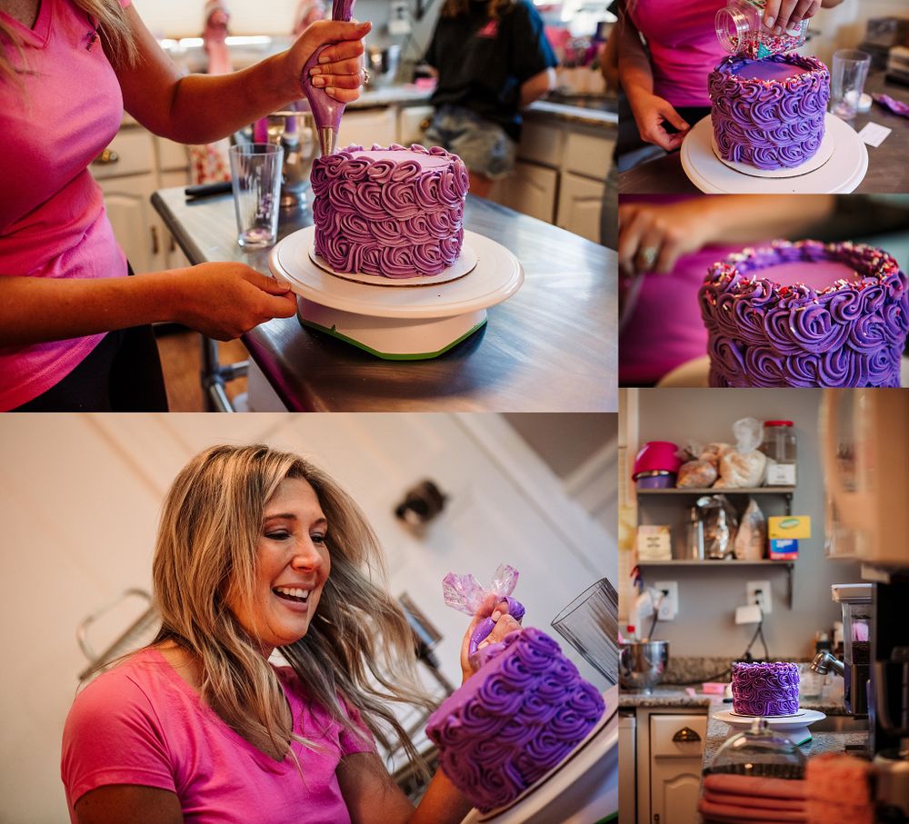 Collage of decorating vibrant purple cake with intricate piping details.