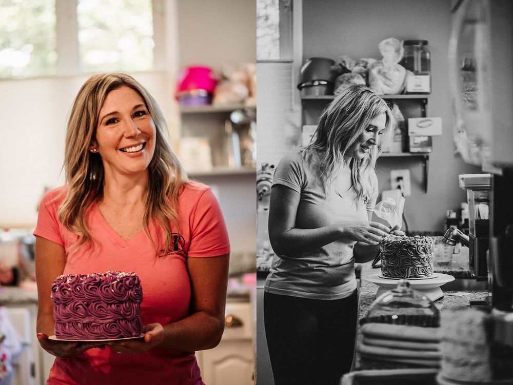 Split image showing colorful and black-white perspectives of baker with purple cake.