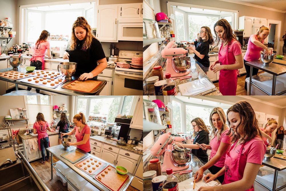Montage of baking activities in bright kitchen with pink-dressed bakers working together.
